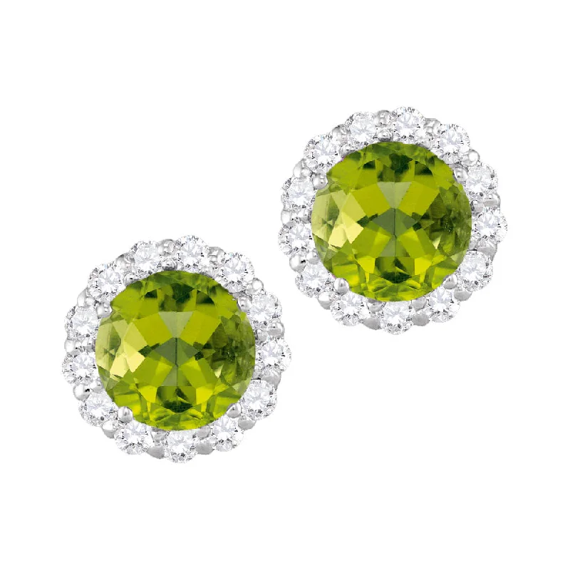 women wedding earrings -6MM Round Peridot and White Sapphire Birthstone Halo Stud Earrings in 10KT White Gold