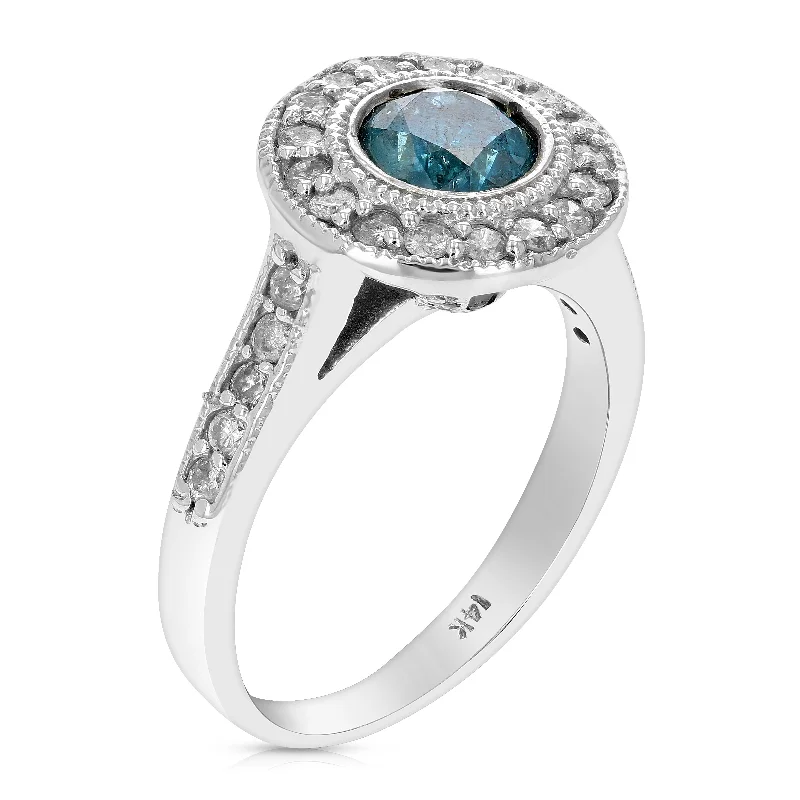 women creative engagement rings -1 cttw Blue Diamond Engagement Ring 14K White Gold Halo Style Round Prong