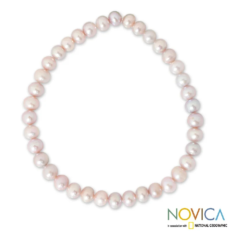 women rose gold bracelets -Handmade Pearl 'Pink Thai Rosebud' Large Stretch Bracelet (6-6.5 mm) (Thailand)