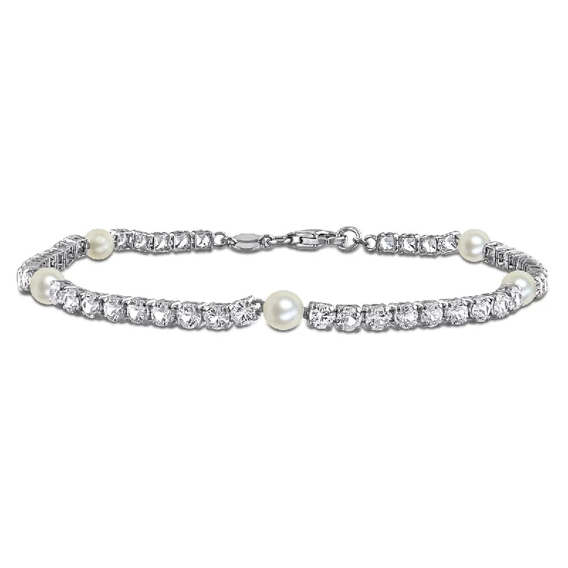 women custom bracelets -Miadora 4-4.5mm Cultured Freshwater Pearl 5 3/8ct Created White Sapphire Bracelet Sterling Silver