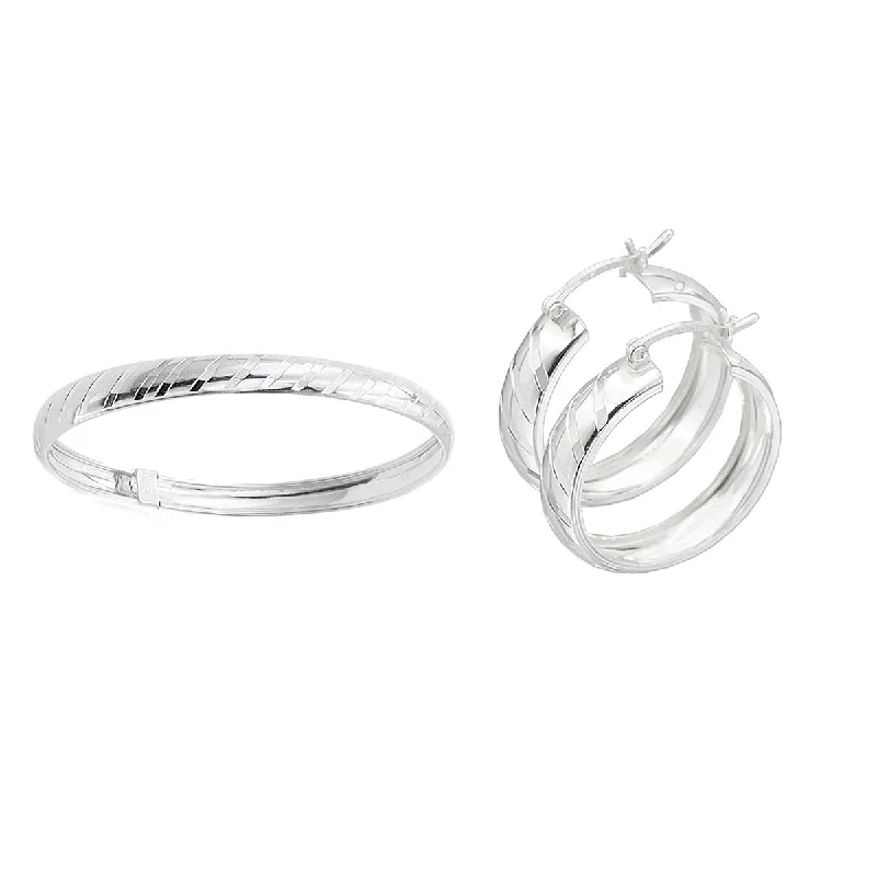 women sterling silver earrings -Sterling Silver Flex Bangle and 6X25MM Hoop Earrings Set