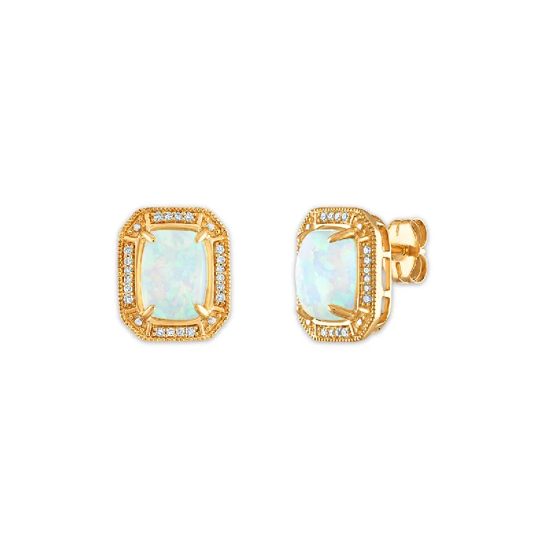 women personalized earrings -LoveSong 8X6MM Cushion Opal and Diamond Halo Earrings in 10KT Yellow Gold