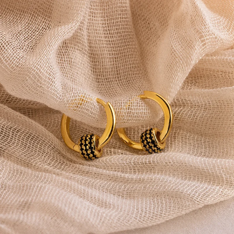 women minimalistic gold earrings -Onyx Pave Beaded Hoops