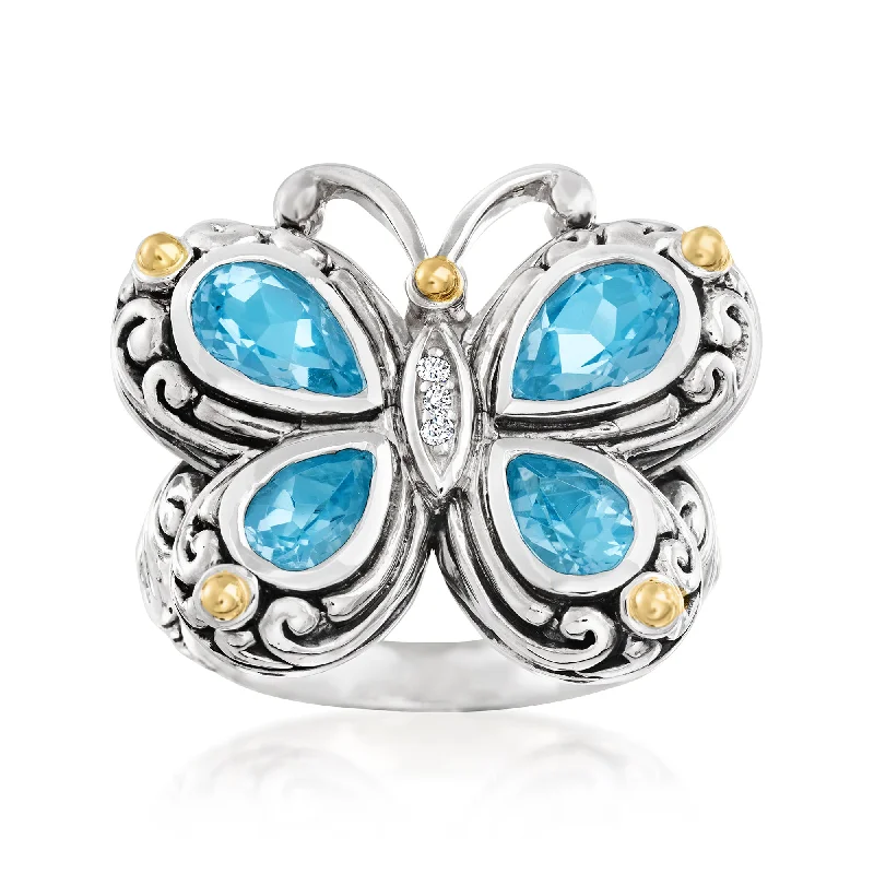 women three-stone engagement rings -Ross-Simons Blue Topaz Bali-Style Butterfly Ring With White Topaz and 14kt Gold Accents in Sterling Silver