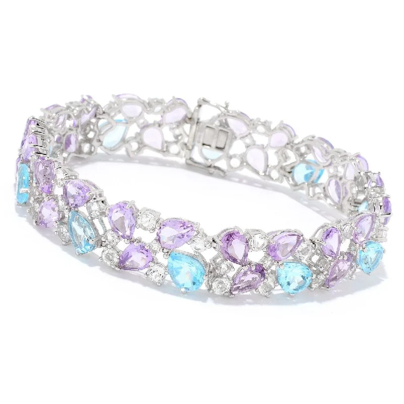 women pearl bangles -925 Sterling Silver Sky Blue Topaz,Pink Amethyst,White Topaz Bracelet