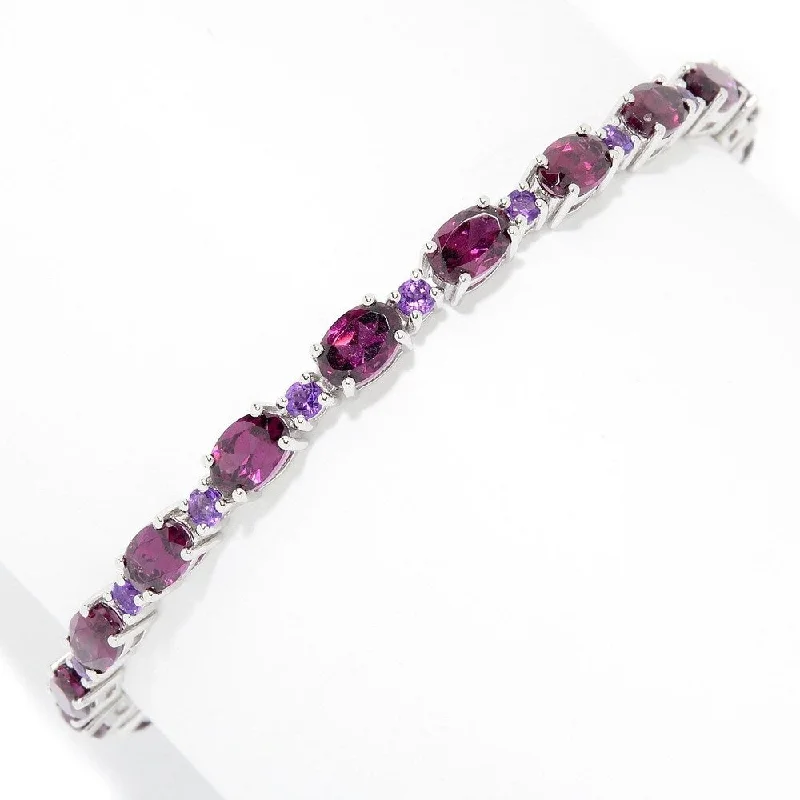 women bangles -Sterling Silver 7.25" Oval & Round Rhodolite and Amethyst Line Bracelet