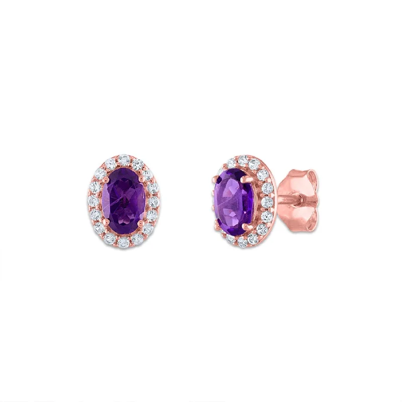 women designer earrings -6X4MM Oval Amethyst and Sapphire Birthstone Halo Stud Earrings in 10KT Rose Gold