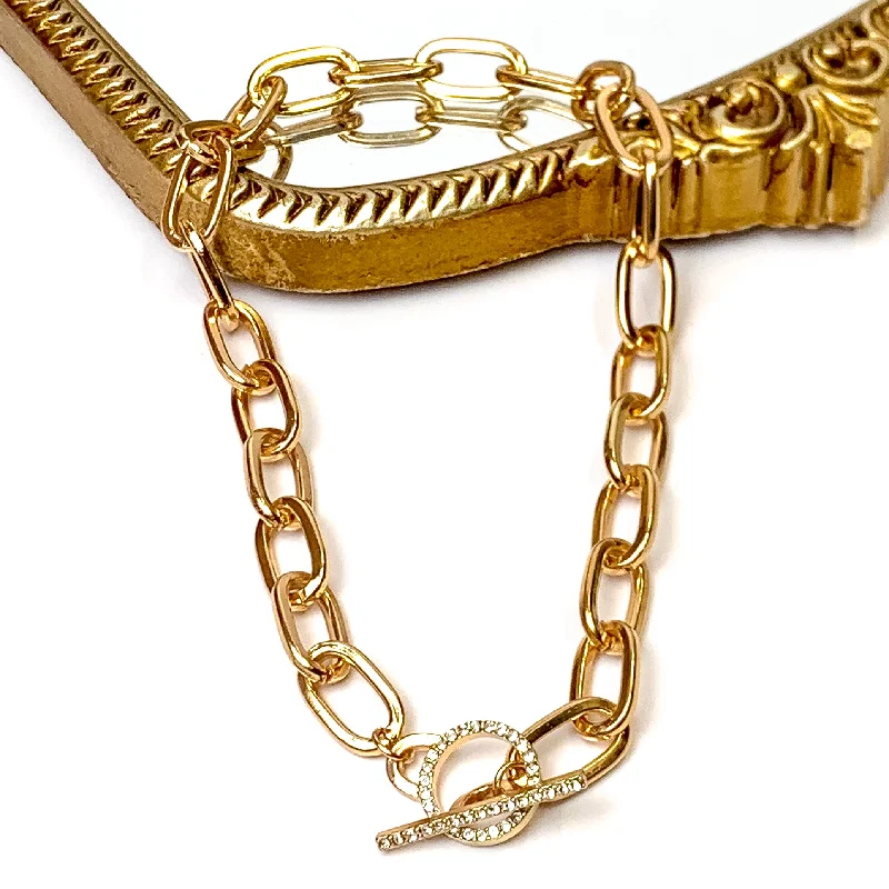 women layered necklaces -Gold Tone Front Toggle Chain Necklace with Crystal Accents