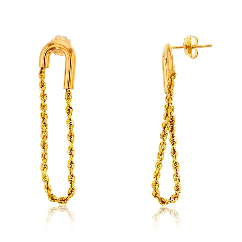 women crystal earrings -14KT Yellow Gold 9X40MM Twisted Rope Dangle Earrings