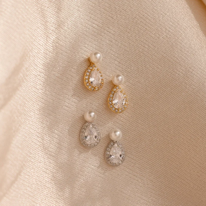 women luxury gold earrings -Pearl Diamond Teardrop Studs