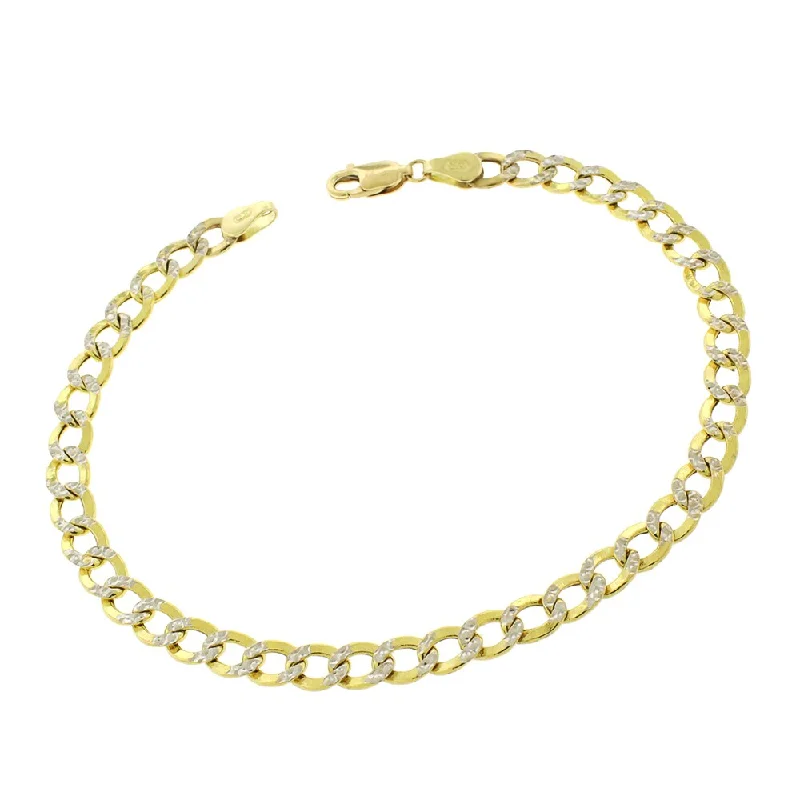 women birthstone bangles -14k Yellow Gold 5mm Hollow Cuban Curb Link Diamond Cut Two-Tone Pave Bracelet Chain 8"