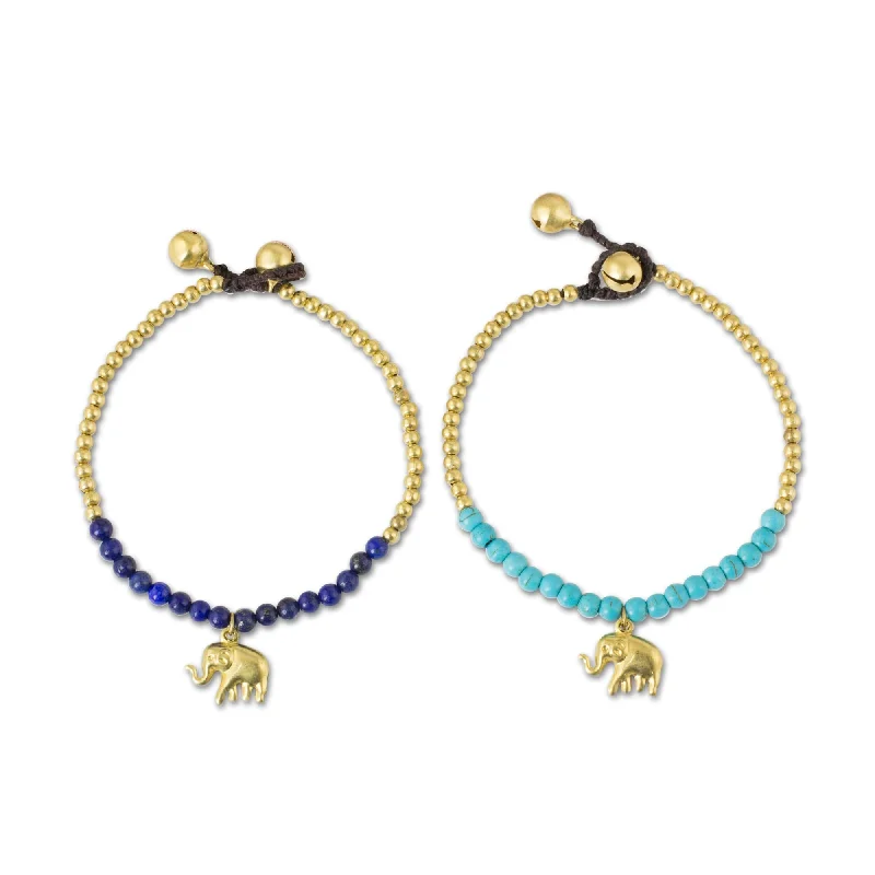 women elegant bracelets -Set of 2 Brass 'Stylish Elephants' Lapis Calcite Bracelets